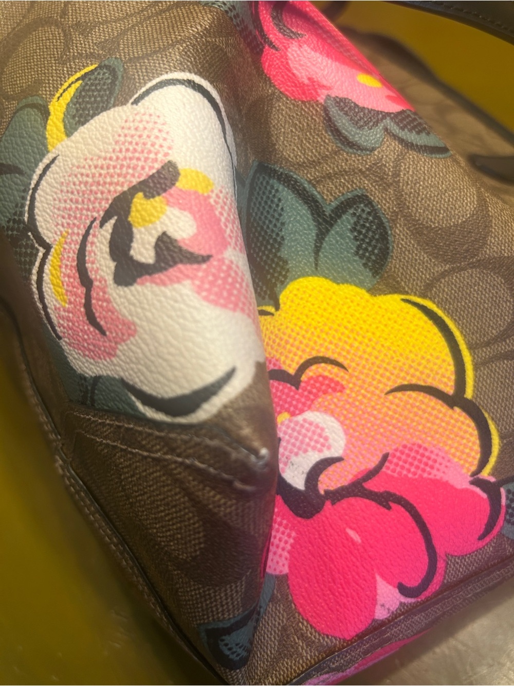 Coach Brown Signature Canvas Floral Tote with Pink & Yellow Blooms - Picture 3 of 9